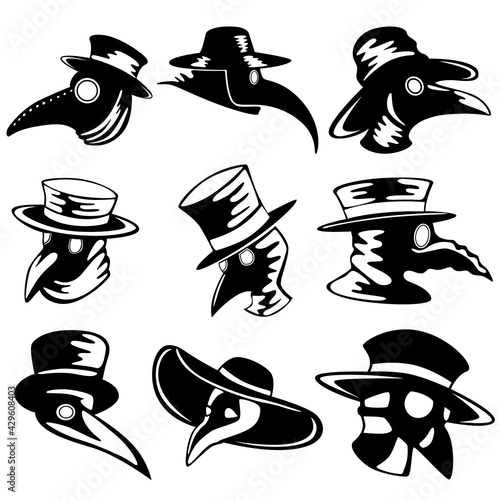 A set of nine plague doctor masks isolated on a white background.