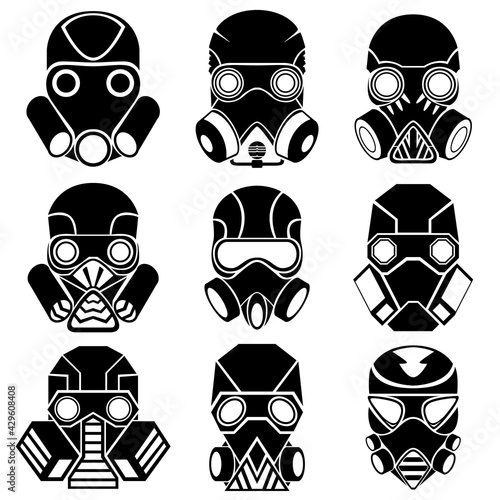 Images of nine different gas masks isolated on a white background.