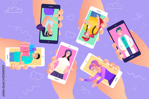 Digital lifestyle and mobile app ecosystem concept. Hands hold smartphones showing various online services, including telemedicine with a doctor, e-commerce, and online fitness classes.