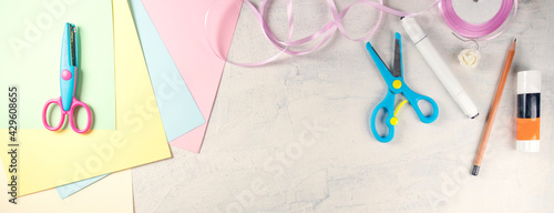 banner with DIY creativity. Step1 preparation tools colored paper, scissors, glue, pencil, ribbon, marker, flower.