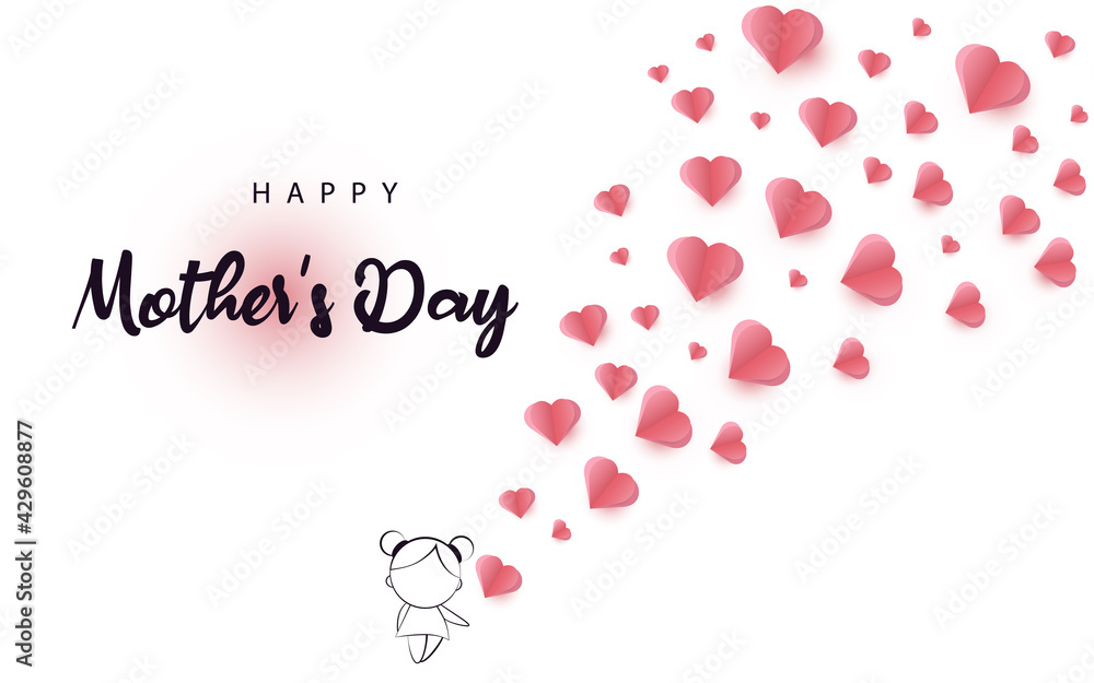 Mother's day greeting card. Vector banner with girl and flying pink paper hearts. Symbols of love on white background