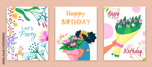 Let party happy birthday card set, gift bouquet flower to beautiful woman character hold blossom souvenir flat vector illustration.