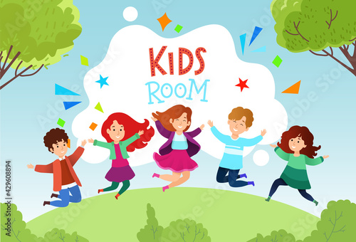 Group little cheerful happy children jumping outdoor field garden party, poster happy teenager entertain in forest flat vector illustration.