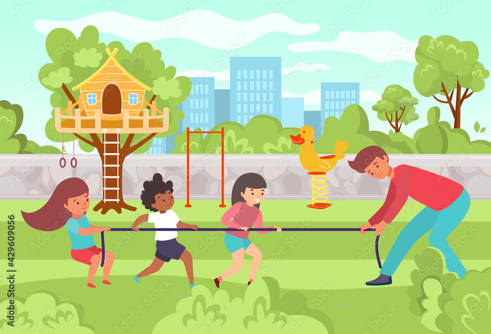 Naklejka premium Private kindergarten, male character teacher playing with happy children little kid, child playground flat vector illustration.