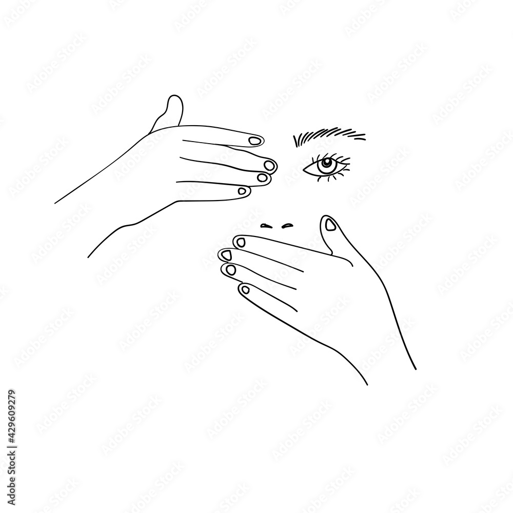 Obraz premium Hands closes the mounth and face of young woman, gestures line art, linear hipster girls face