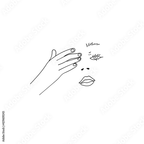 Hand closes the eye and face of young woman, gestures line art, linear hipster girls face
