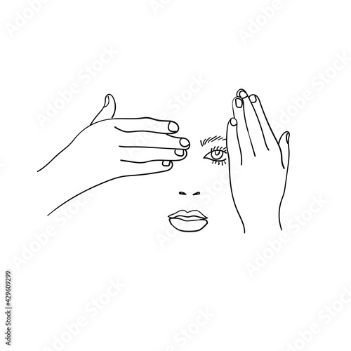 Hands closes the eye and the face of young woman, gestures line art, linear hipster girls face