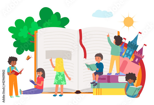 Little cheerful children together read book and textbook, child boy, girl sitting educational booklet flat vector illustration, isolated on white.