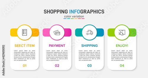 Concept of shopping process with 4 successive steps. Four colorful graphic elements. Timeline design for brochure, presentation, web site. Infographic design layout.