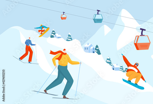Winter holiday mountain sport activity, tourist people group together ski mountain descent and snowboard training flat vector illustration.