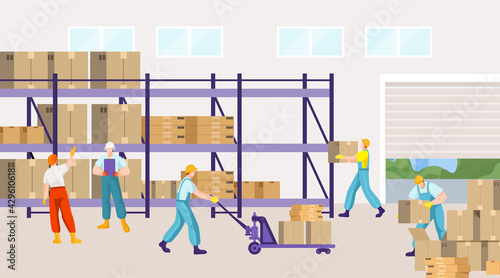 Warehouse business company, people character together hard work depot firm, storage delivery service flat vector illustration.