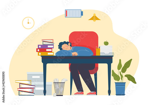 Professional specialist male character sleeping working place, vocational burnout and low energy flat vector illustration, isolated on white.