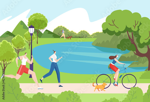 Young people character together enjoying outdoor activity athletic training, workout green park place flat vector illustration.