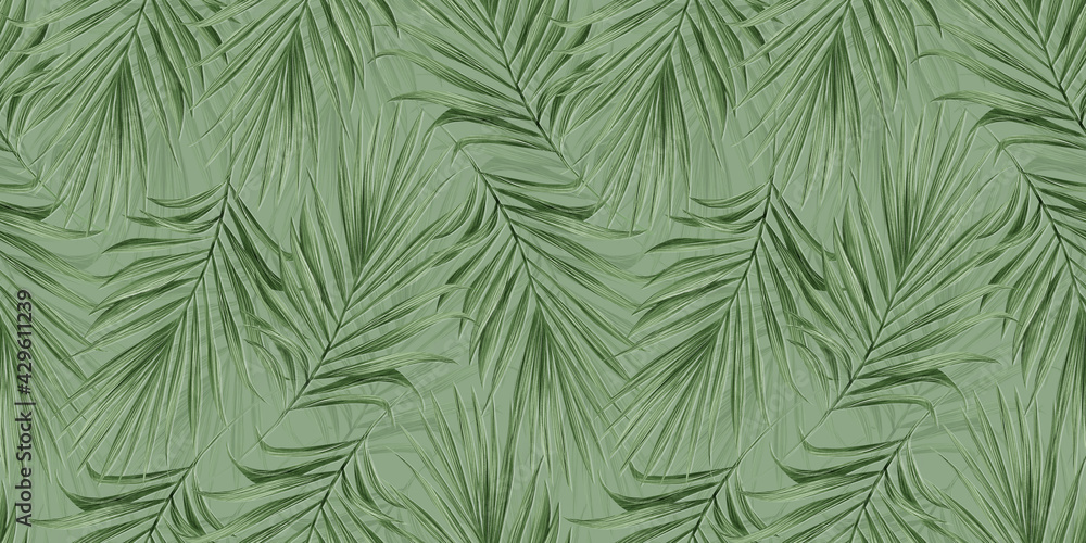Tropical exotic seamless pattern with green color palm leaves. Hand-drawn vintage illustration, Glamorous background jungle design. Good for wallpapers, cloth, fabric printing