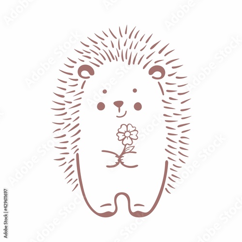Vector illustration of a cute hedgehog. Smiling hedgehog holding a flower in its paws isolated on white background. Children's illustration for printing on children's clothing, postcards, packaging. 