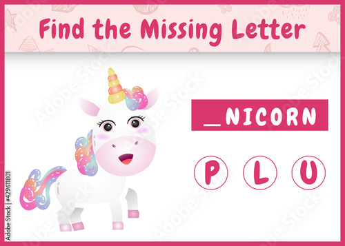 educational spelling game for kids find missing letter with a cute unicorn