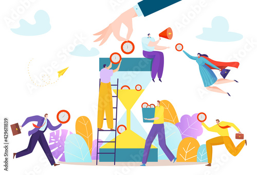 Business people together teamwork time management, tiny character sitting, running hourglass flat vector illustration, isolated on white.