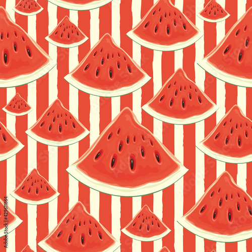 Summer fruit striped background with ripe sweet watermelons. Vector seamless pattern with appetizing watermelon slices. Colorful tropical fruits wallpaper, wrapping paper, textile or fabric