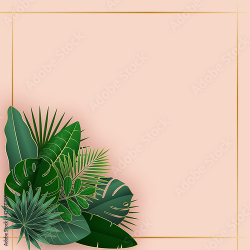 Green and gold tropical leaves on pink background.