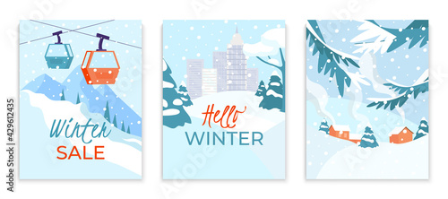 Winter big shopping sale event card set, landscape and cityscape view holiday celebrate poster flat vector illustration, isolated on white.
