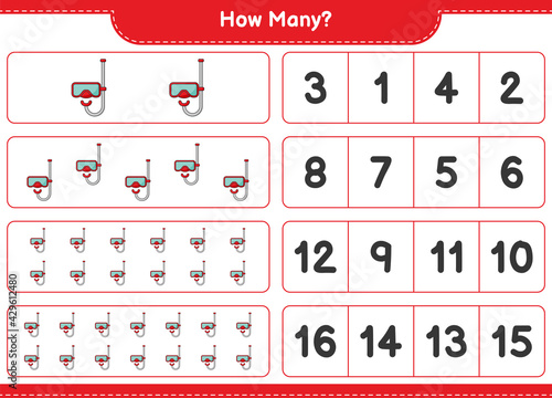 Counting game, how many Scuba Diving Mask. Educational children game, printable worksheet, vector illustration