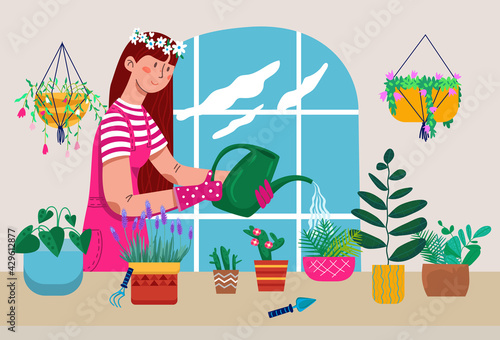 Young woman character watering domestic various plants, comfortable green garden room, homemade herb care flat vector illustration.