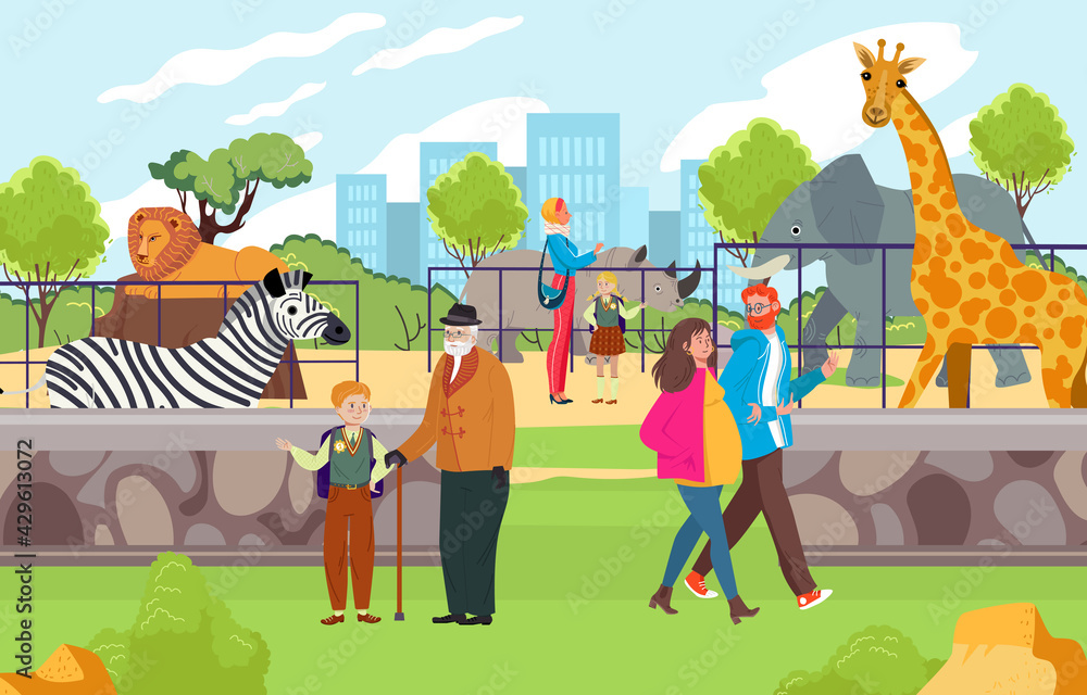 Fototapeta premium Happy cheerful family time spending in zoo, people character observe wild tropical zebra, giraffe and lion animal flat vector illustration.