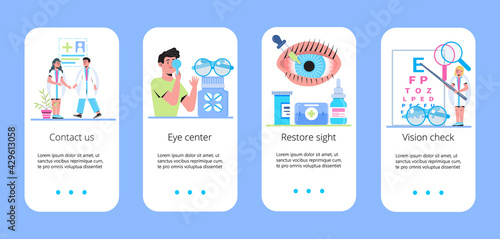 Medical ophthalmologist eyesight check up with tiny people. Myopia concept vector app. Eye doctor concept for health care banner, mobile website. Glaucoma treatment vector.