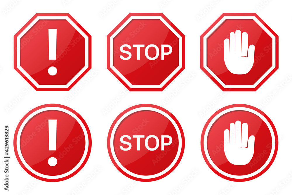 Set of red STOP sign with arrow, word and hand Set of red STOP sign with arrow, word and hand