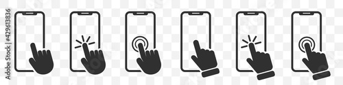 Set of hand clicking on smartphone icons on a transparent background