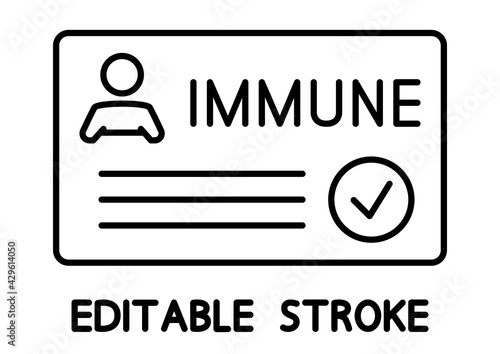 Vaccination certificate against covid-19 with check mark, medical card or passport for travel in time pandemic. Immune card. Immunization concept. Editable stroke. Vector outline