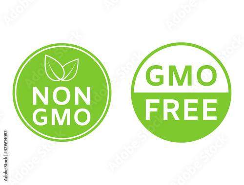 Non GMO icons. GMO free badges. Healthy organic food concept. No GMO design elements for tags, product packag, food symbol, emblems, stickers. Healthy, eco, vegan, bio labels. Vector illustration