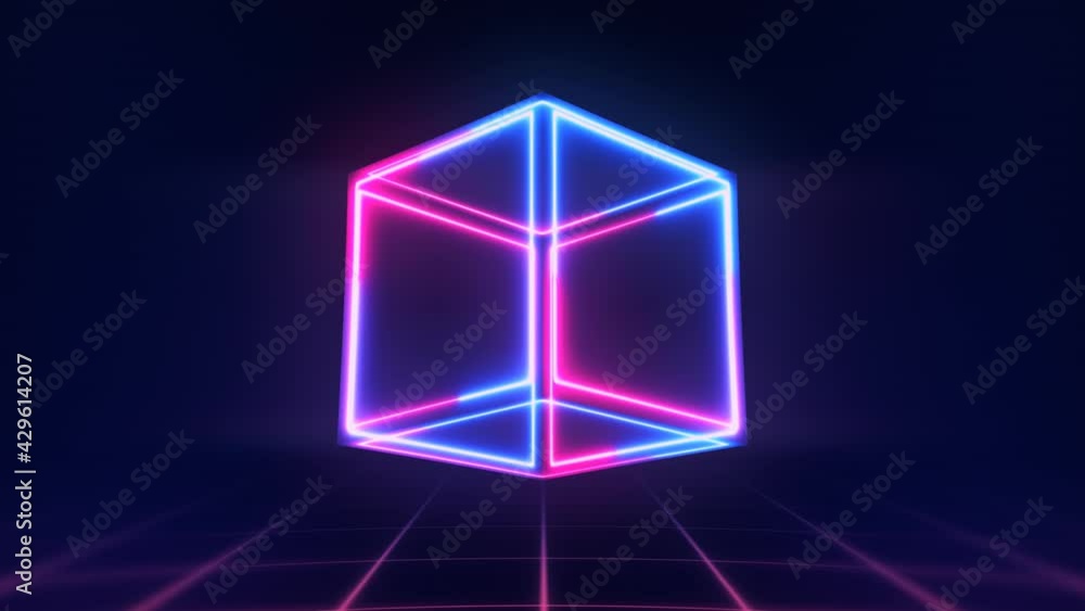 Cube 3d Glowing Neon Rotating Above Grid On The Floor. Beautiful Technological Abstraction Fantasy Concept Cube 3d Glowing Neon Rotating Above Grid On The Floor. Beautiful Technological Abstraction Fantasy Concept