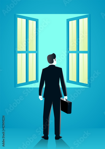 vector illustration of businessman looking through window. describe solution, open mind, and creative think. business concept illustration