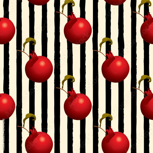 Summer fruit seamless pattern with red ripe pomegranates on a striped backdrop. Decorative vector background with red garnet fruits. Suitable for wallpaper design, wrapping paper, fabric