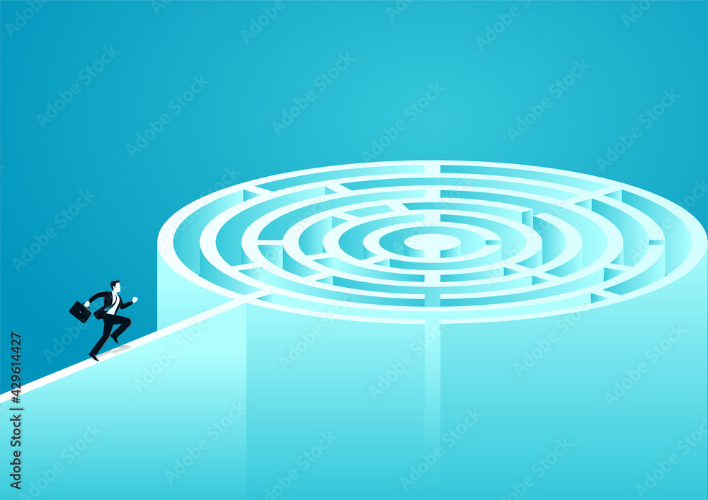 vector illustration of businessman running enter to maze. describe many ways, obstacles to achieve the goals. business concept illustration vector illustration of businessman running enter to maze. describe many ways, obstacles to achieve the goals. business concept illustration