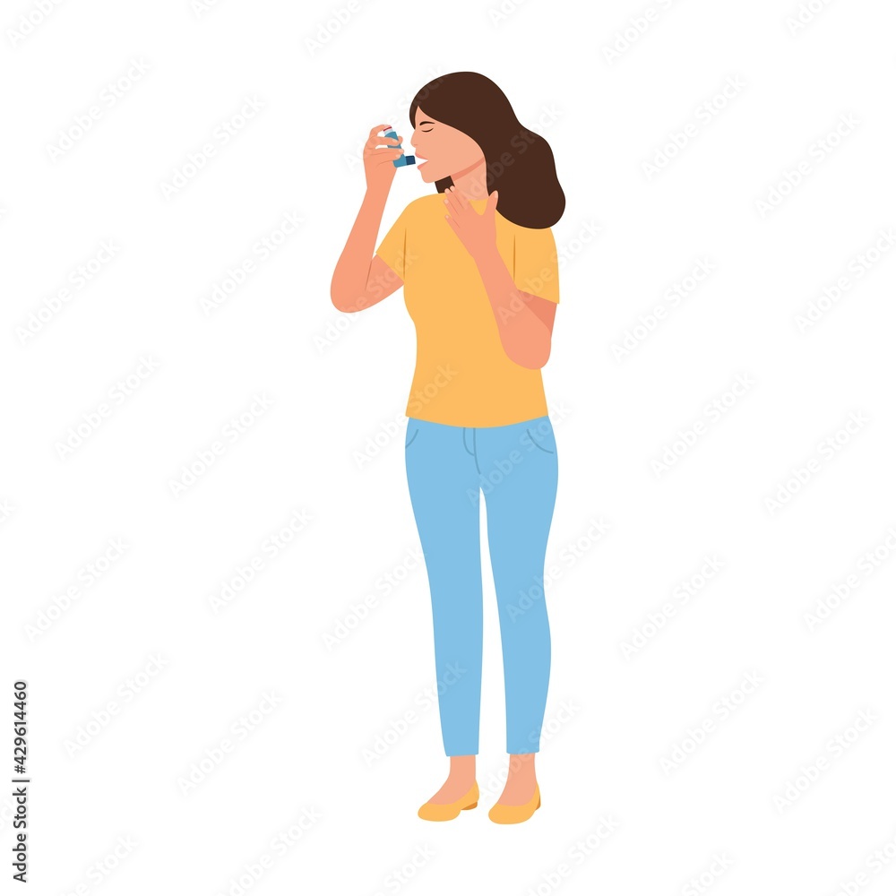 Girl stands and holding hand on chest.Woman uses an asthma inhaler against attack. World asthma day. Allergy,Bronchial asthma. Vector illustration Girl stands and holding hand on chest.Woman uses an asthma inhaler against attack. World asthma day. Allergy,Bronchial asthma. Vector illustration