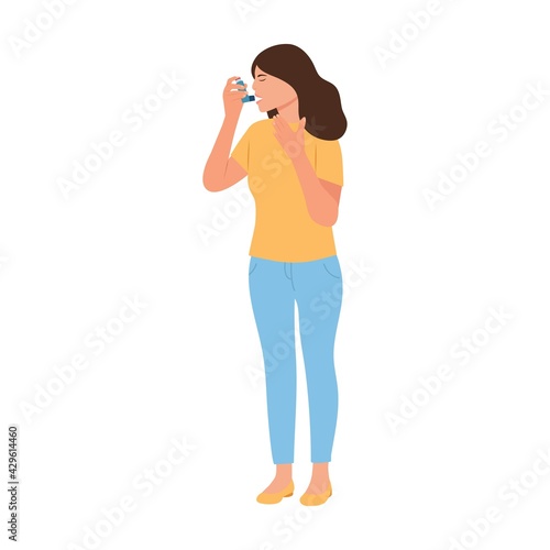 Girl  stands and holding hand on chest.Woman uses an asthma inhaler against attack. World asthma day. Allergy,Bronchial asthma. Vector  illustration