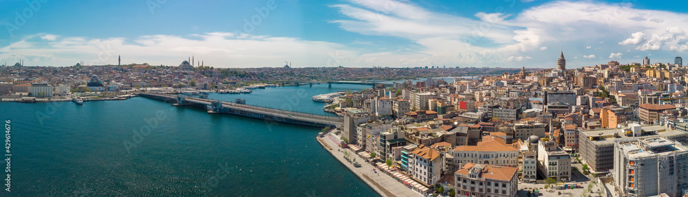 Aerial Panoramic vşew of The Old Town and Galata in Istanbul Turkey