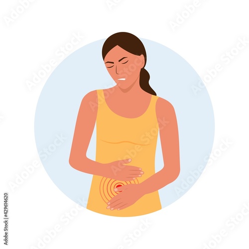 Women menstrual pain. Painful periods and menstrual.Abdominal pain. Emergency acute pain. Vector illustration