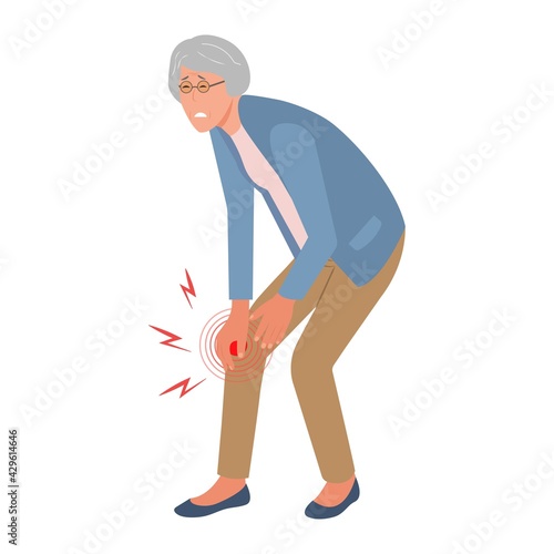 Elderly person with knee pain or injury. Leg injury. Аrthritis,osteoarthritis knee senior.Vector illustration in cartoon style