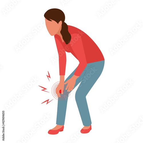 Sad female feeling pain in knee.  Woman having problem with legs suffering from ache isolated on white. Vector illustration