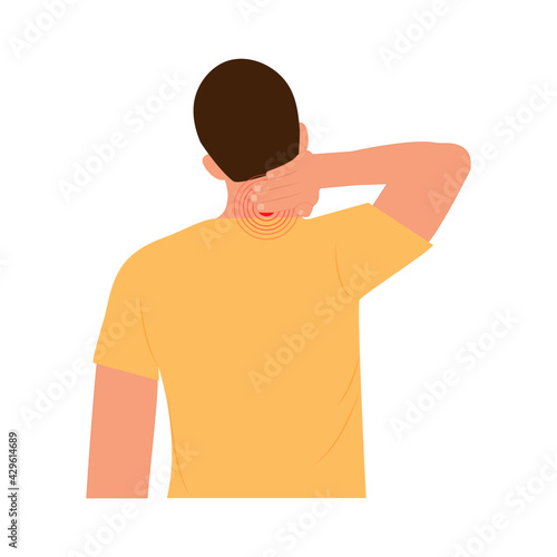 Pain in the neck. Young man with painful neck and shoulder, muscle injury, neck massage.Vector   flat illustration.
