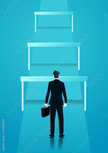 vector illustration of businessman blocked by hurdled. describe obstacle, compete, move, obstacle, and faster. business concept illustration