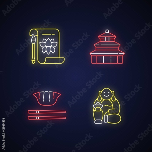 Chinese history neon light icons set. Traditional calligraphy. Laughing Buddha. Temple of Heaven. Eastern culture. Signs with outer glowing effect. Vector isolated RGB color illustrations