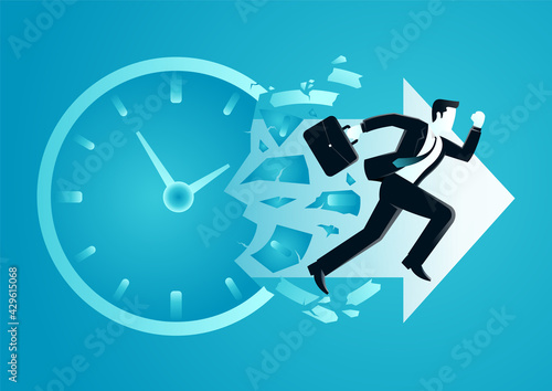 vector illustration of businessman breaking a o clock face running for a profit. describe time is money, compete, move and faster. business concept illustration