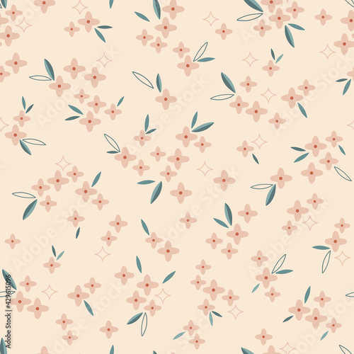 Ditsy floral vector seamless pattern. Bohemian flower print. Tiny calico folksy bloom decorative background