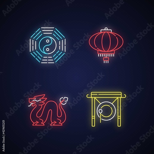 Lunar New Year attributes neon light icons set. Bagua, feng shui. Paper lantern. Loong dragon. Chinese gong. Oriental culture. Signs with outer glowing effect. Vector isolated RGB color illustrations