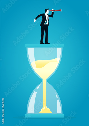 vector illustration of businessman standing and telescoping above hourglass. describe time management, compete, move and faster. business concept illustration