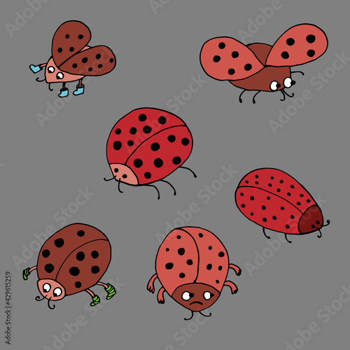 funny ladybugs. Vector illustration. Isolated. Coloring pages for adults and children. Cartoon. Hand-drawn doodle style. Can be used in your projects in banners and posters.